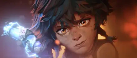 A close-up of Isha from *Arcane*, showcasing vibrant colors and detailed features, set against a dramatic background. An engaging HD wallpaper from *Arcane Season 2*.