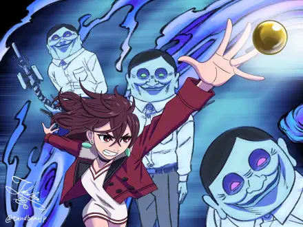 2K Quad HD PC wallpaper of Momo Ayase (Dandadan): she lunges forward amid swirling blue energy with ghostly figures looming behind, bold anime colors and dynamic motion.