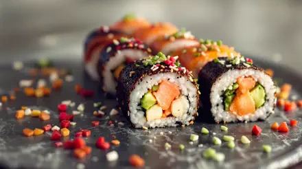 A vibrant display of sushi rolls filled with fresh ingredients, sprinkled with colorful garnishes, serving as a visually appealing 4K Ultra HD PC desktop wallpaper and background.