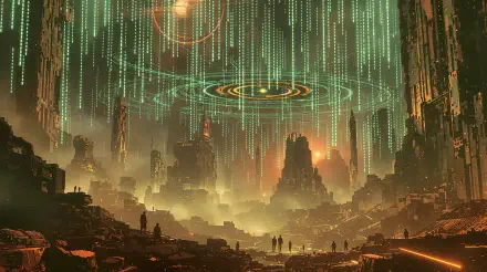 A stunning 4K Ultra HD wallpaper featuring a futuristic landscape inspired by the Matrix, with cascading digital code and figures exploring a mysterious, vibrant world.