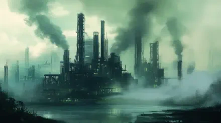 An atmospheric industrial landscape depicting pollution, with towering smokestacks and billowing smoke set against a moody backdrop. This 4K Ultra HD image serves as a striking desktop wallpaper.