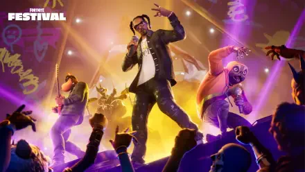 HD PC desktop wallpaper of a Fortnite concert: spotlighted rapper on stage with dancers, neon lights and cheering crowd in a vibrant video-game festival scene.