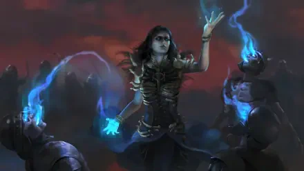 A captivating HD wallpaper from Path of Exile 2 showcasing a necromancer conjuring blue energy, surrounded by skeletal warriors against a dramatic dark sky.