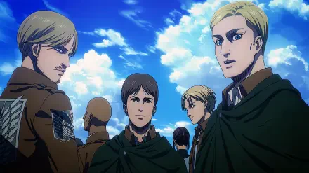 Four characters from Attack on Titan: The Last Attack, including Erwin Smith and Mike Zacharias, stand against a backdrop of blue skies and clouds in this detailed 4K wallpaper.