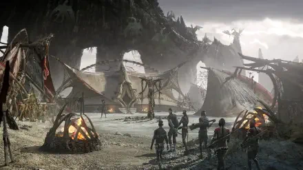 A cinematic scene from Avatar: Fire and Ash, featuring a desolate landscape with structures and figures, showcasing the movie's immersive environment as an HD desktop wallpaper.