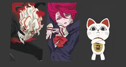 HD PC wallpaper of Dandadan anime: fiery‑haired Ken Takakura snarling, pink‑haired Aira Shiratori in a school uniform, and the Turbo Granny maneki‑neko against a dark backdrop.