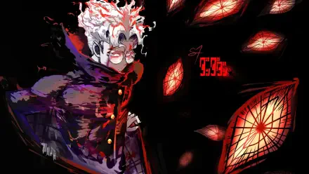 HD anime desktop wallpaper featuring a character from Dandadan with striking white hair and glasses, surrounded by glowing red eyes, inspired by Ken Takakura's intense style.