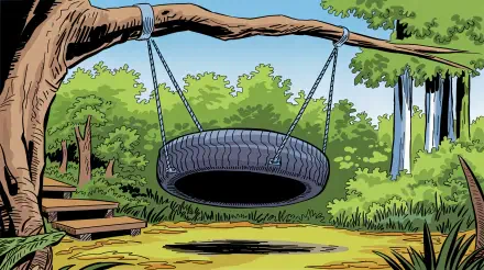 A 4K Ultra HD desktop wallpaper depicting a tire swing hanging from a tree branch in a lush, green playground surrounded by nature.