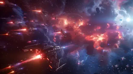 A stunning space opera scene featuring intense spaceship battle amidst vibrant colors and cosmic chaos, presented in captivating 4K Ultra HD for a striking desktop wallpaper.
