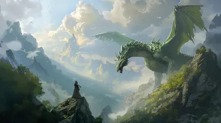 A fantasy adventure scene featuring a majestic green dragon soaring above a rocky landscape, bathed in ethereal light. A figure stands below, captured in a captivating moment. 