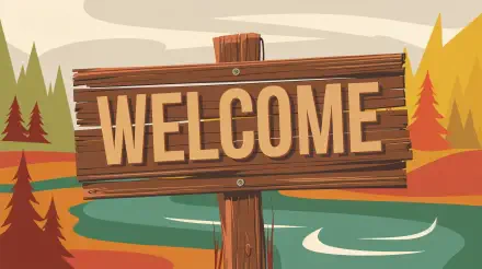 Illustration of a wooden welcome sign against a nature background with trees and a river, designed as a 4K Ultra HD PC desktop wallpaper.