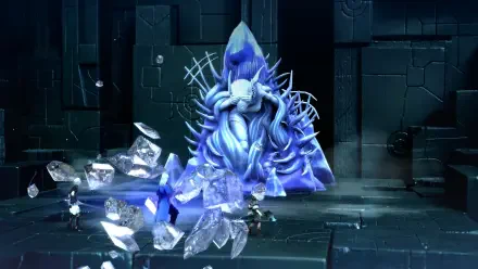 A captivating scene from FANTASIAN Neo Dimension featuring a frost-covered creature amidst shattered ice, set against a dark, structured background. 4K Ultra HD wallpaper.