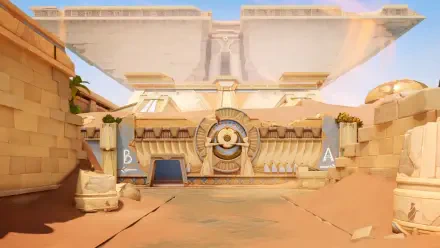 A vibrant HD desktop wallpaper from the video game Strinova, showcasing a stylized ancient structure set in a sandy landscape under a clear sky.