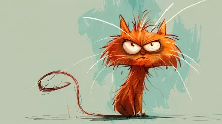 A cartoon grumpy cat with vibrant orange fur and expressive eyes, set against a soft blue-green background. This image serves as a colorful 4K Ultra HD PC desktop wallpaper.