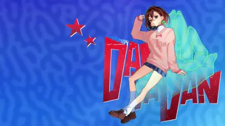 Anime-style 4K Ultra HD desktop wallpaper featuring Momo Ayase from Dandadan with vibrant blue background and bold red text.