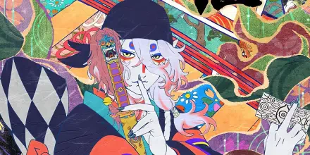 Vibrant HD desktop wallpaper featuring an intricate character design from Mononoke The Movie: Phantom In The Rain, surrounded by colorful patterns and elements inspired by nature.