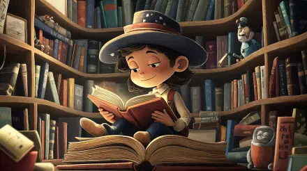 A joyful child reading a large book in a cozy library surrounded by shelves filled with books, creating a warm and enchanting atmosphere, captured in vibrant 4K Ultra HD.