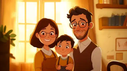 A cheerful family portrait featuring a mother, father, and their young son, surrounded by warm sunlight in a cozy setting. This 4K Ultra HD wallpaper captures their joyful bond.