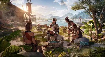 A vibrant HD wallpaper from the video game Light of Motiram, showcasing characters engaged in activities by a serene lakeside with mountains in the background.