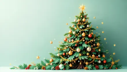 A festive Christmas tree adorned with gold, red, and silver ornaments and stars, set against a soft green background in 4K Ultra HD for a holiday winter season vibe.