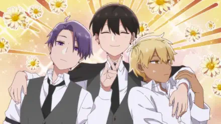 Anime-style HD desktop wallpaper from How I Attended an All-Guy's Mixer, featuring three male characters smiling against a bright, floral background.