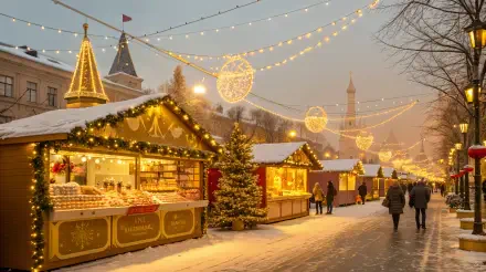 A charming Christmas market scene featuring festive stalls adorned with lights and decorations, surrounded by snow and visitors, captured in stunning 4K Ultra HD.
