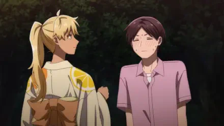 Two anime characters engage at an all-guy's mixer, featuring a blonde character in a traditional outfit and a shy brunette. This HD image serves as a vibrant desktop wallpaper.