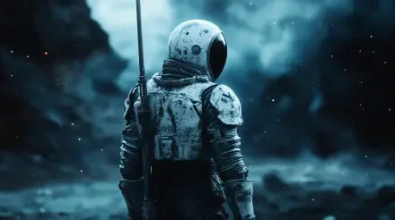 A futuristic space knight in a worn spacesuit stands against a cosmic backdrop, embodying the essence of sci-fi. High-resolution 4K wallpaper captures the dramatic scene.