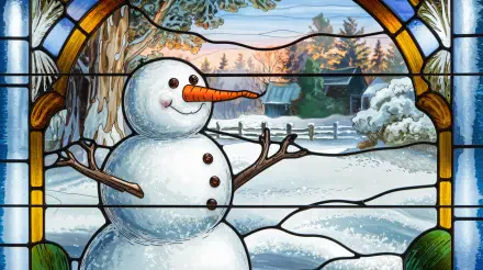 A cheerful snowman stands in a snowy landscape, framed by colorful stained glass, creating a vibrant 4K Ultra HD desktop wallpaper and background.