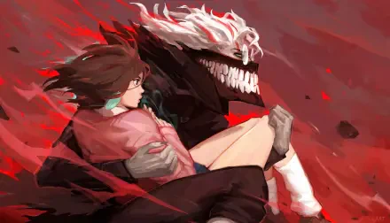 HD anime desktop wallpaper featuring Momo Ayase from Dandadan with a menacing dark spirit and dynamic red-toned background, capturing intense action and energy.