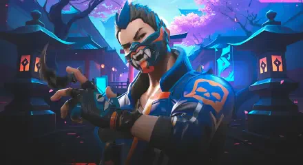 Yoru from Valorant is featured in an 8K Ultra HD PC desktop wallpaper, showcasing his masked face and glowing blue accents amid a vibrant, neon-lit Japanese-inspired background.