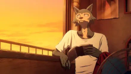 Legosi from Beastars relaxes in a warm sunset, wearing a simple t-shirt and holding a book. This HD wallpaper captures the tranquil atmosphere of the anime.