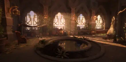 A serene interior scene from Dragon Age: The Veilguard, featuring sunlit arches, lush plants, and a tranquil pond, perfect as an HD PC desktop wallpaper.