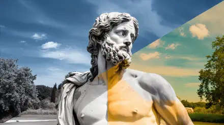 A striking Greek statue is depicted against a backdrop of vibrant skies, blending classic artistry with modern design. This image serves as a 4K Ultra HD desktop wallpaper.