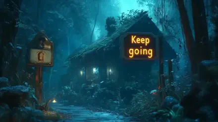 HD fantasy desktop wallpaper featuring a mystical forest cabin illuminated by glowing lights and a neon sign that reads Keep going in an enchanted nighttime setting.