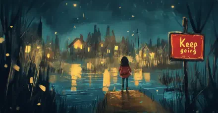 A serene, dreamlike HD wallpaper featuring a figure standing by a tranquil body of water, gazing at illuminated houses, with a sign reading Keep going nearby.