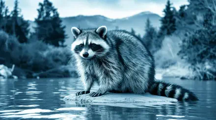 A serene raccoon sits on a rock in a tranquil body of water, surrounded by lush trees and distant mountains. This image serves as a stunning 4K Ultra HD PC desktop wallpaper.