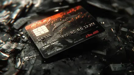 A close-up of a credit card resting on a fragmented, reflective surface, showcasing intricate details and textures, designed as a 4K Ultra HD PC desktop wallpaper and background.