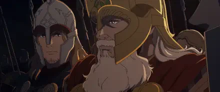 An animated scene from The Lord of the Rings: The War of the Rohirrim featuring characters in intricately designed helmets, showcasing their fierce determination and noble heritage.