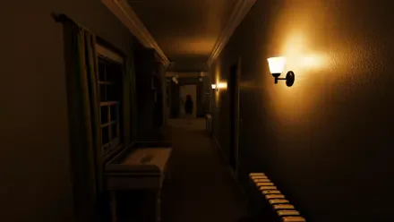 Dimly lit hallway with warm wall sconces, showcasing atmospheric lighting and shadows from the video game Among Ashes in 4K Ultra HD PC wallpaper quality.