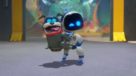 4K Ultra HD PC desktop wallpaper featuring characters from the video game Astro Bot Rescue Mission, showcasing a small robot carrying a robotic dog with glowing blue eyes.
