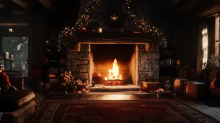 A cozy fireplace surrounded by warm decor in a dimly lit room, adorned with festive garlands. This inviting scene makes a charming 4K Ultra HD desktop wallpaper.