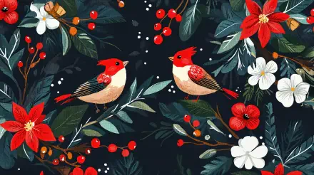 A festive pattern featuring two stylized birds amidst vibrant flowers and berries, set against a dark background, showcased as a 4K Ultra HD desktop wallpaper.