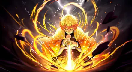 HD PC desktop wallpaper of Zenitsu Agatsuma from Demon Slayer: Kimetsu no Yaiba, surrounded by glowing lightning and fiery energy.