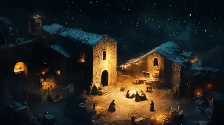 A serene nativity scene set in a snowy landscape, illuminated by warm lights against a starry night backdrop. This stunning 4K Ultra HD image creates a peaceful religious atmosphere.