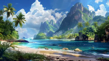 A stunning landscape featuring a paradise island with lush greenery, towering mountains, and serene blue waters, captured in vibrant 4K Ultra HD for a captivating desktop wallpaper.