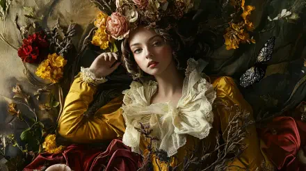 A woman adorned with flowers lies amidst vibrant foliage, dressed in a baroque-style gown. This stunning image captivates with intricate details and rich colors, designed for 4K Ultra HD backgrounds.
