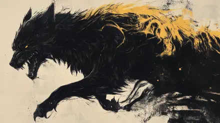 A striking 4K Ultra HD desktop wallpaper featuring Fenrir, a powerful black wolf with vibrant yellow accents, depicted in mid-run against a textured background.