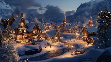 A picturesque Christmas village scene, illuminated by warm lights against a snowy landscape, set amidst mountains, designed as a stunning 4K Ultra HD desktop wallpaper.