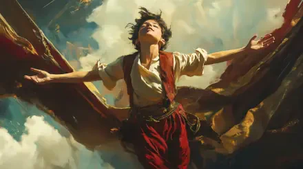 A dynamic 4K Ultra HD desktop wallpaper depicting a figure with outstretched arms soaring through turbulent clouds, embodying the essence of courage and freedom.